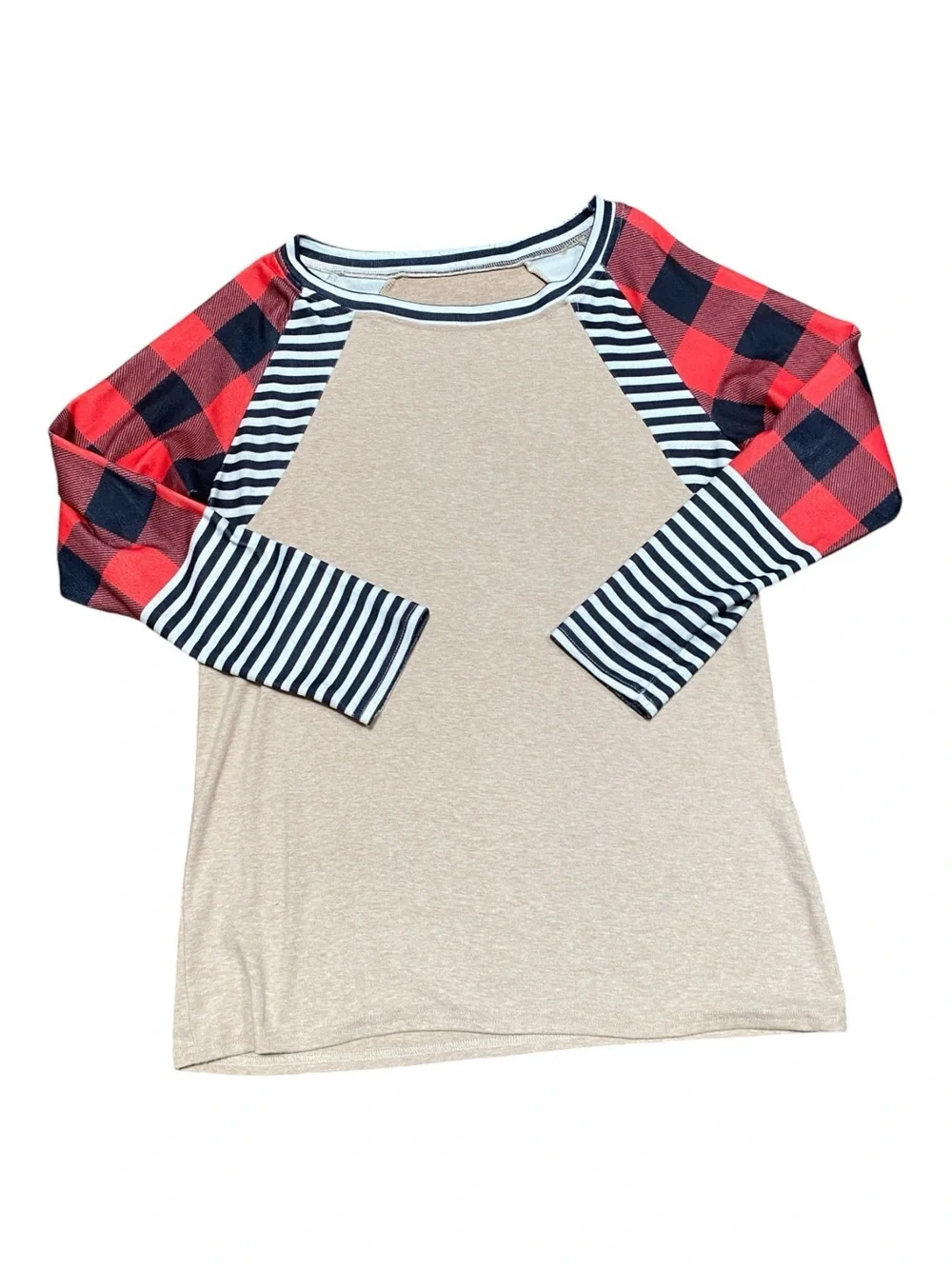 Fashion Nova Beige Raglan Top with Red Buffalo Plaid & Black-White Stripes - Picture 2 of 3